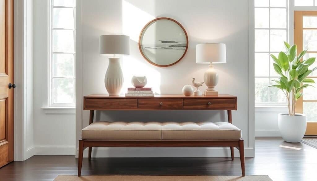 Entryway furniture, a harmonious blend of functionality and style. In a bright, airy space, a mid-century modern console table stands proudly, its sleek lines and warm wood tones complementing the surrounding decor. Atop it, a collection of carefully curated decorative accents - a sculptural ceramic vase, a stack of artfully arranged books, and a minimalist table lamp - create an inviting and visually appealing display. Beneath, a sturdy, yet elegant bench offers ample storage and seating, its plush upholstery in a complementary neutral tone. The ensemble is illuminated by natural light filtering in through large windows, casting a soft, diffused glow that enhances the overall ambiance. This entryway furniture, a harmonious symphony of form and function, effortlessly elevates the space and welcomes visitors with a sense of refined sophistication.