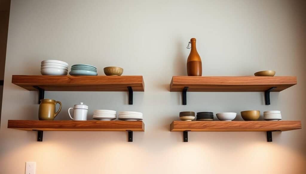Floating wooden shelves suspended effortlessly, showcasing a stunning collection of The Sawdust Man's handcrafted wares. Smooth, natural grain textures and warm, inviting tones set the stage for a modern, minimalist kitchen display. Soft, directional lighting highlights the shelves' subtle shadows, creating an illusion of weightlessness. The shelves are mounted securely to the wall, their simple, clean-lined design blending seamlessly with the surrounding décor. A welcoming, harmonious atmosphere invites the viewer to imagine their own cherished items proudly displayed on these beautiful, functional wooden shelves.