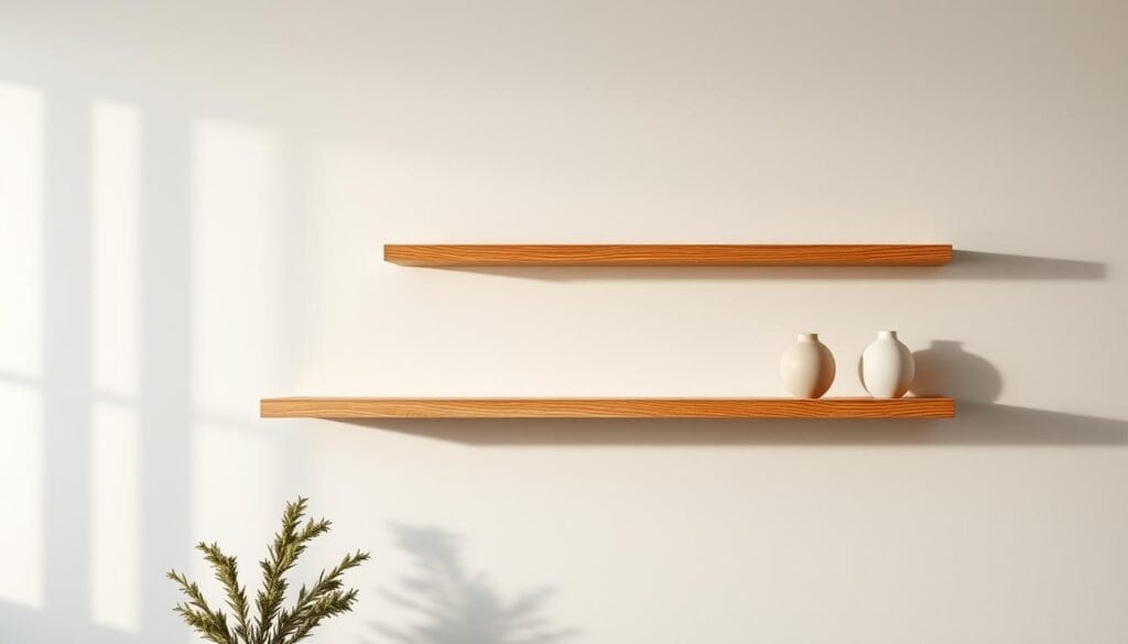 Floating wooden shelves, suspended in midair, their natural grain patterns casting warm, inviting shadows upon the walls. A minimalist, Scandinavian-inspired scene, bathed in soft, diffused lighting that accentuates the shelf's clean, linear silhouette. The shelves, crafted from rich, honey-toned oak, appear to defy gravity, their edges seamlessly integrated into the surrounding drywall. A serene, uncluttered space, where the shelves become the focal point, showcasing a few carefully curated decorative items. The overall atmosphere is one of tranquility and effortless sophistication, perfectly complementing the "Floating Wooden Shelves: The Ultimate Minimalist Solution" concept.