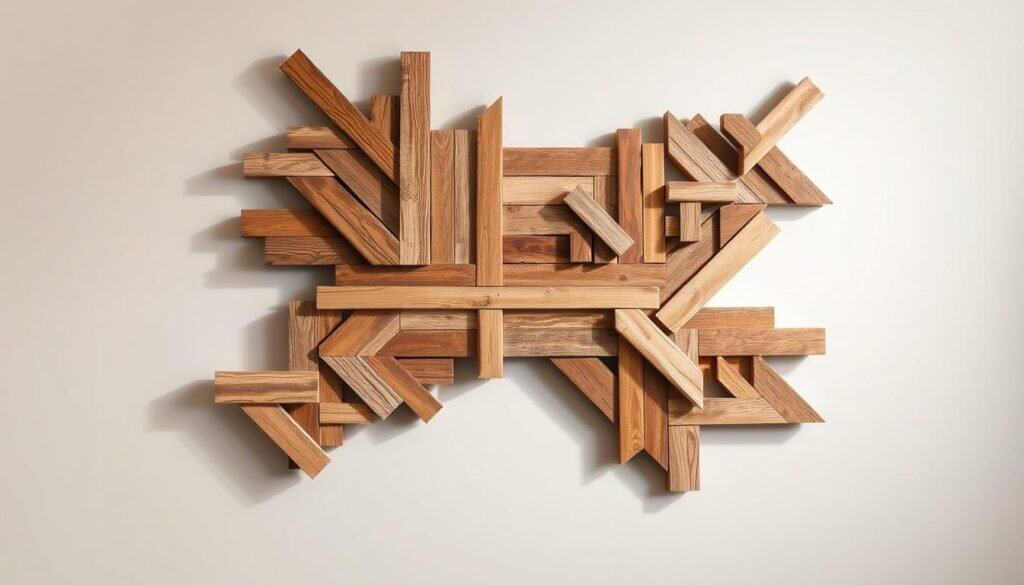 Geometric wall art composed of intricate patterns crafted from scrap wood planks. Warm, natural tones of the weathered wood create a rustic, organic feel. Varying sizes and shapes of wooden pieces arranged in a dynamic, asymmetric layout. Directional lighting casts dramatic shadows, accentuating the textures and angles. The composition fills the frame, with the wooden elements occupying the foreground and middle ground. A plain, neutral background allows the sculptural artwork to take center stage. An artful, handmade decor piece that would elevate any interior space.