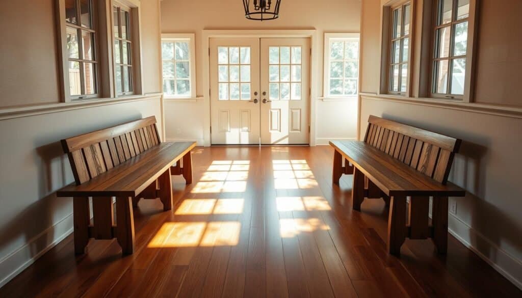 Handcrafted wooden benches, their warm tones and natural grain inviting visitors into a cozy entryway. A pair of sturdy, backless benches arranged symmetrically, casting long, soft shadows across the hardwood floor. Sunlight streams through large windows, illuminating the wood's intricate texture. The benches stand as functional yet elegant accents, their simple design complementing the space's clean, minimalist aesthetic. A serene, harmonious atmosphere, perfect for welcoming guests and providing a comfortable place to remove shoes or set down bags.