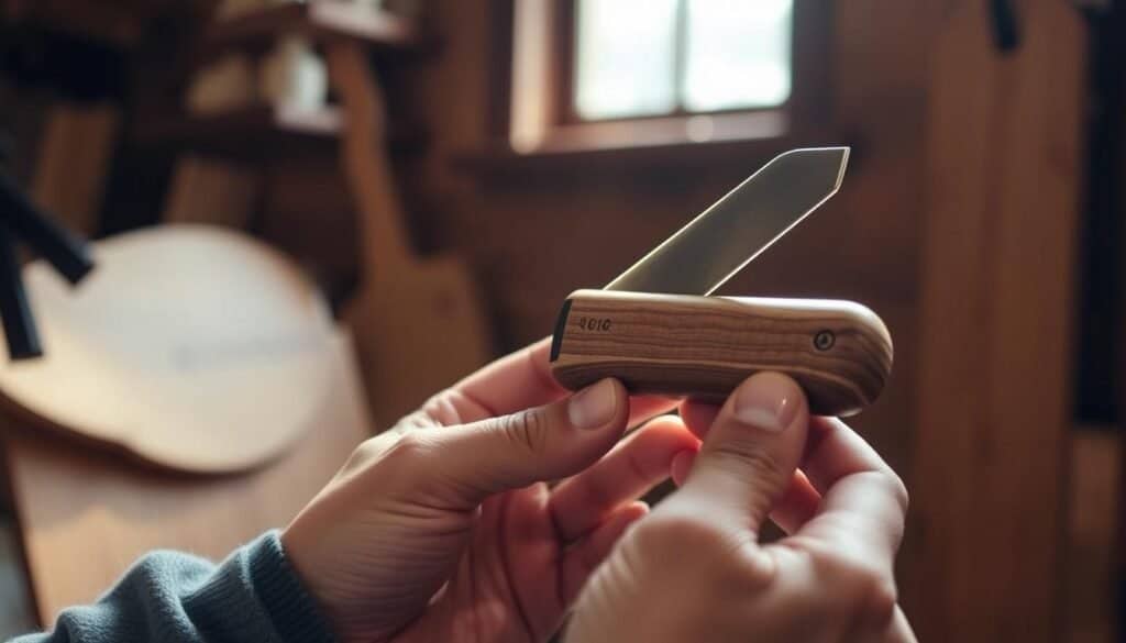 Handmade woodcutting tool, a beautifully crafted instrument for the modern artisan. Smooth, polished oak handle, carved with intricate patterns, nestled in a photographer's hands against a backdrop of warm, earthy tones. Sunlight filters through a window, casting a soft glow on the tool's sturdy steel blade, honed to perfection. The scene evokes a sense of timeless craftsmanship, inviting the viewer to imagine the care and skill used to create this functional yet elegant piece. Depth of field highlights the tool's tactile details, while the composition emphasizes its role as a centerpiece for the handcrafted cutting board project.
