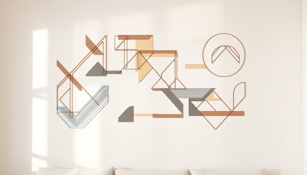 High-quality modern wall art featuring intricate geometric designs created with washi tape. The artwork is displayed on a clean, minimalist white wall with subtle natural lighting from the side, creating a warm, inviting atmosphere. The geometric shapes are precisely arranged in a visually striking yet harmonious composition, with a mix of straight lines, triangles, and organic curves that draw the eye and create a sense of depth and movement. The colors of the washi tape are muted and earthy, including shades of beige, gray, and soft blues, complementing the modern, sophisticated aesthetic. The overall scene conveys a sense of creativity, simplicity, and a touch of whimsy, perfectly embodying the "Quick Start Projects" theme.
