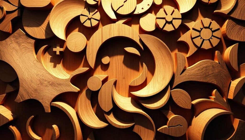 Intricate 3D wooden wall art, featuring a captivating arrangement of carved and textured wooden shapes. A mesmerizing interplay of light and shadow casts a warm, natural glow, highlighting the depth and tactile quality of the wood. Organic curves, geometric patterns, and subtle variations in tone and texture create a visually striking focal point. The composition is balanced and harmonious, drawing the eye inward with a sense of tranquility and craftsmanship. Perfectly suited to enhance a rustic, contemporary, or minimalist home décor setting.