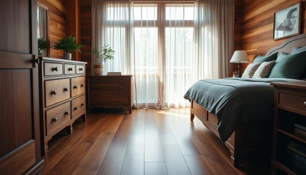 Intricate hardwood flooring flows seamlessly into a cozy bedroom scene. Warm chestnut hues of a well-crafted dresser and nightstands beautifully complement plush textiles in soft greens and blues. Diffused natural light filters through sheer curtains, casting a gentle glow over the space. A potted plant on the windowsill adds a touch of organic vitality. The overall atmosphere is one of understated elegance, where the natural beauty of wood harmonizes effortlessly with the serene palette of the bedroom decor.