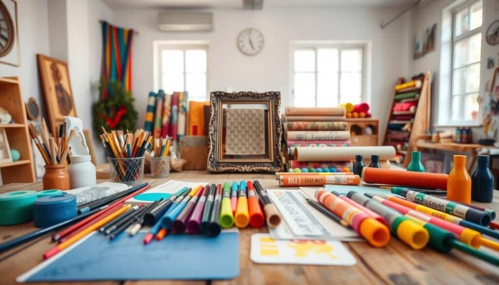 Neatly arranged array of vibrant DIY wall art supplies on a rustic wooden table. Foreground features an assortment of paint brushes, acrylic paints, stencils, and artist markers in various colors. Midground showcases an ornate wooden frame, rolls of colorful fabric, and spools of embroidery thread. Background depicts a well-lit, airy studio space with natural lighting filtering through large windows. The overall scene conveys a sense of creativity, inspiration, and the boundless possibilities for crafting unique wall decor.
