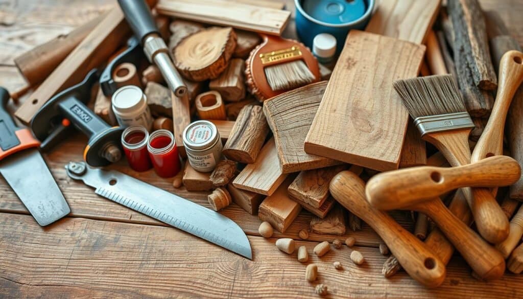 Neatly arranged collection of various woodworking materials and tools on a rustic wooden surface. Detailed close-up view showcasing an assortment of weathered, textured scrap wood pieces, hand tools like saws and sanders, paint brushes, stains, and other essential DIY supplies for creating unique home decor projects. Warm, natural lighting accentuates the rich, earthy tones and grains of the wood. Crisp focus with a slight depth of field blur to draw the eye towards the center of the frame.