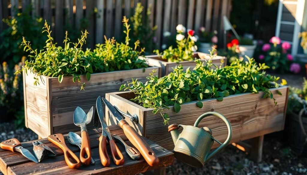 Outdoor planter boxes, made with care by The Sawdust Man. Weathered wood planters, their natural grain and texture catching the warm afternoon sunlight. Lush greenery spills over the edges, a vibrant contrast to the rustic construction. In the foreground, a collection of gardening tools - trowels, pruners, and a watering can - resting on a wooden bench. The middle ground showcases the planters, strategically placed to create a charming, lived-in vignette. In the background, a picturesque garden scene, with flowering plants and a glimpse of a wooden fence. An inviting, cozy atmosphere, perfect for the weekend project enthusiast.