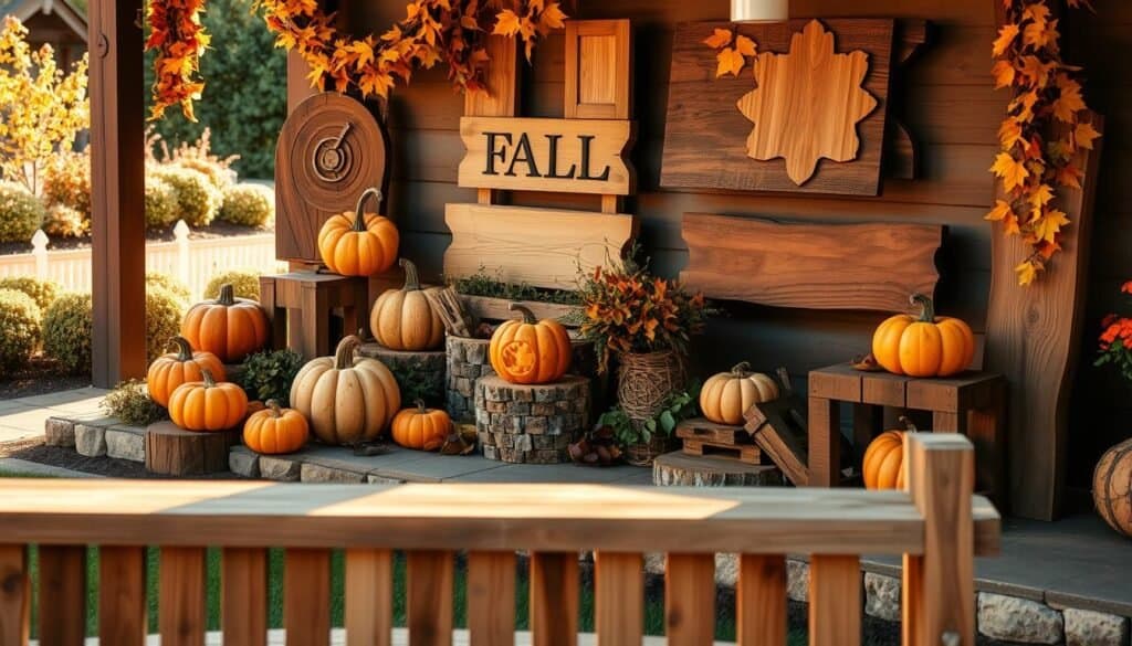 Outdoor wooden fall decorations crafted by The Sawdust Man. A rustic arrangement of natural wood pieces, including carved pumpkins, leaf garlands, and a handcrafted wooden sign. The scene is bathed in warm, golden lighting, casting a cozy, autumnal atmosphere. In the foreground, a wooden bench provides a focal point, while the background features a well-manicured garden and a hint of fall foliage. The overall composition evokes a sense of tranquility and seasonal charm, perfect for transforming an outdoor space into a welcoming fall retreat.