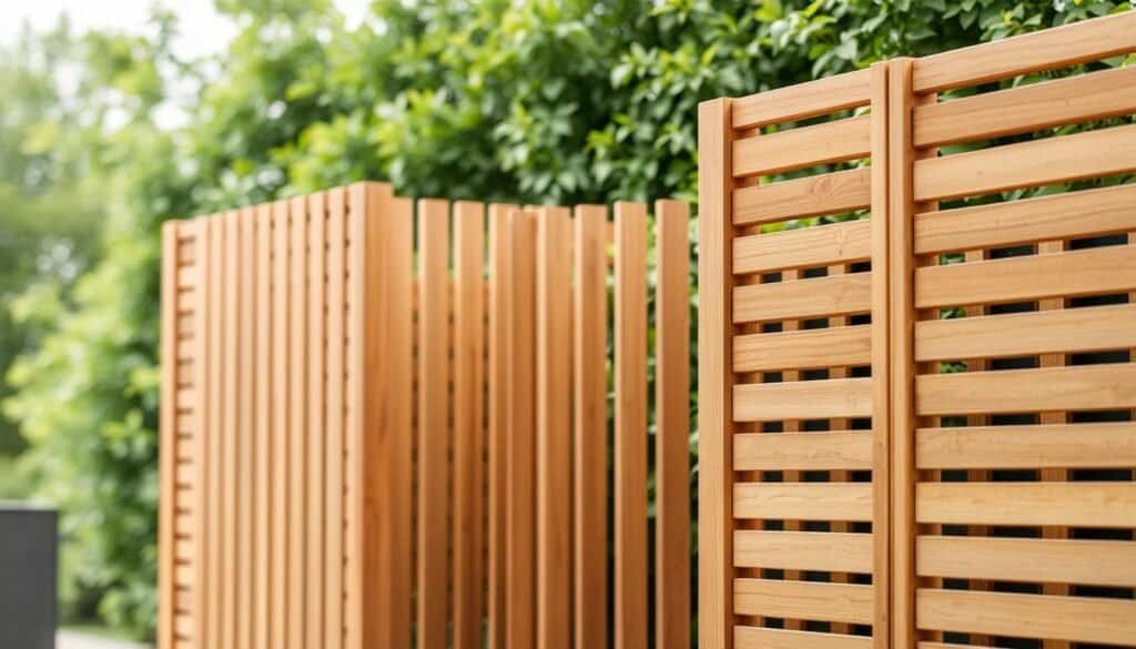 Realistic wood slat outdoor privacy screens, arranged in a modern, minimalist layout. Warm-toned natural wood planks, smooth and uniform in texture, assembled in a clean grid pattern. Soft, diffused natural lighting filters through the slats, creating a pleasant, inviting atmosphere. Shallow depth of field emphasizes the crisp, well-defined edges and planes of the wooden structure. The screens are positioned against a blurred background of lush, verdant foliage, conveying a sense of serene seclusion and connection to nature. Minimal, uncluttered composition showcases the elegant simplicity and functionality of the privacy screens.