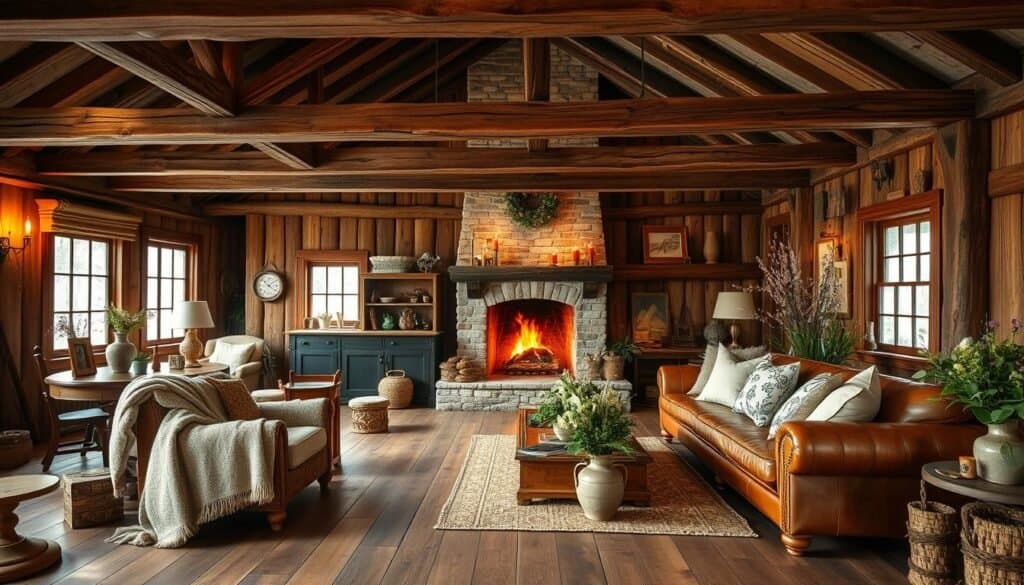 Rustic farmhouse interior with weathered wooden beams, warm ambient lighting, and cozy natural textures. Handcrafted furniture and vintage décor pieces scattered throughout the scene. Aged hardwood flooring leads the eye to a large stone fireplace with a crackling fire. Soft throw blankets and plush cushions adorn a well-worn leather sofa. Potted greenery and wildflower arrangements bring a touch of nature indoors. The overall atmosphere is inviting, earthy, and imbued with a sense of timeless, lived-in charm.