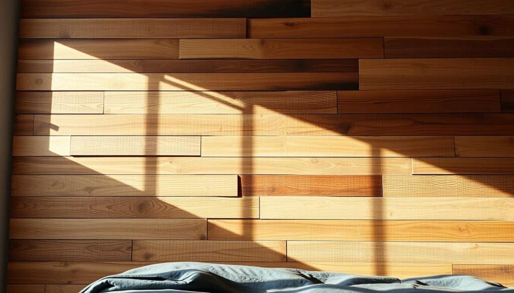 Rustic reclaimed wood wall art, handcrafted by The Sawdust Man. Weathered, natural wood planks in warm earth tones, arranged in a visually striking abstract pattern. Sunlight casts soft shadows, accentuating the unique grain and texture of each board. A harmonious blend of modern and rustic elements, creating a cozy, inviting atmosphere perfect for a serene bedroom sanctuary. Captured with a wide-angle lens to showcase the artwork's scale and depth. Clean, minimalist composition that allows the beauty of the materials to shine.