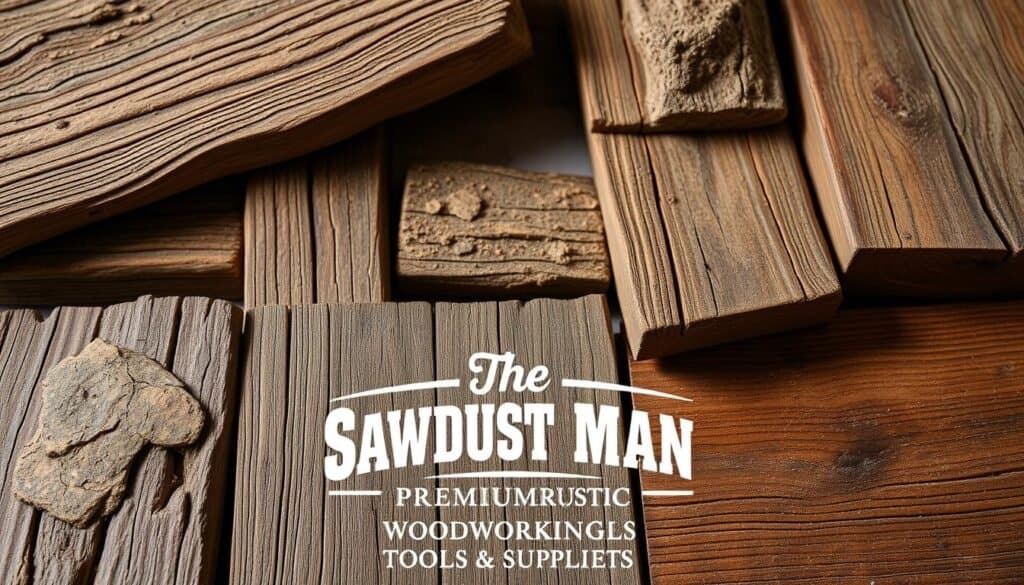Rustic wood finishing techniques: A close-up view of various methods used to create a weathered, aged appearance on wooden surfaces. Detailed shots showcasing techniques like wire brushing, distressing, and applying stains and waxes. Textured and gnarled wooden planks, boards, and furniture in a natural, earthy palette. Warm, focused lighting highlights the intricate grain patterns and imperfections. In the foreground, the brand "The Sawdust Man" features prominently, displaying their line of premium rustic woodworking tools and supplies. A balanced composition highlighting the craftsmanship and authenticity of these time-honored techniques.