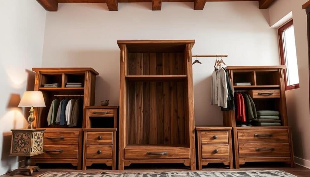 Rustic wooden bedroom organizers, crafted with natural textures and a warm, earthy palette. A central shelving unit with carved detailing, complemented by side drawers and a hanging rod for clothes. Soft side table lamps cast a cozy glow, illuminating the organizers' weathered oak finish. In the background, a large window lets in natural light, highlighting the room's rustic charm. The organizers are positioned against a plain white wall, allowing their detailed woodwork to be the focal point. Angle the camera to capture a harmonious composition, emphasizing the organizers' functionality and aesthetic appeal within the bedroom setting.