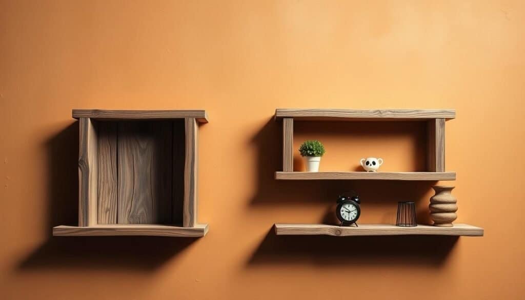Rustic wooden wall shelves with natural grain and weathered texture, mounted on a warm, earthy-toned backdrop. Soft, directional lighting casts gentle shadows, accentuating the depth and character of the wood. A few carefully curated decorative items, such as potted plants or vintage trinkets, sit atop the shelves, creating a cozy, lived-in atmosphere. The composition is balanced and visually interesting, with the shelves positioned at varying heights to add visual interest. The overall scene evokes a sense of warmth, simplicity, and a connection to nature, perfectly complementing the "Rustic Wooden Wall Shelves for Cozy Interiors" theme.