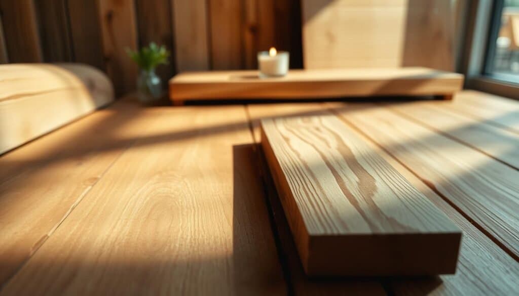 Serene wooden tableau, soft natural lighting casting gentle shadows. Warm-toned maple, oak, or walnut planks arranged artfully, textures and grains subtly visible. Minimalist yet inviting layout, perhaps a single candle or small plant to accentuate the tranquil ambiance. Camera angled to showcase the wood's soothing hues and calming presence, filling the frame with a sense of mental clarity and well-being. Depth of field blurred to focus attention on the carefully selected wood tones. An image embodying the essence of how thoughtful natural materials can promote mindful serenity.