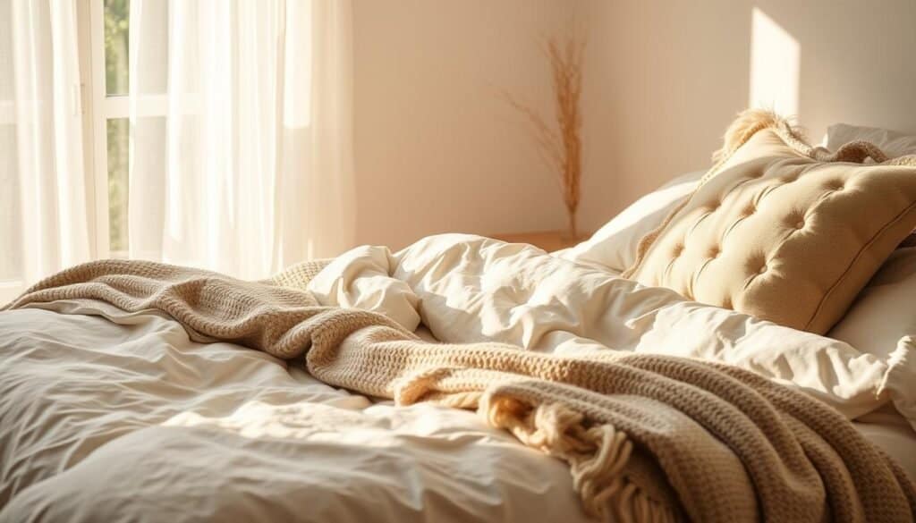 Soft, plush bedding and cozy textile accents fill a serene, sun-drenched bedroom. Delicate linen sheets and a fluffy down comforter in muted tones of gray and ivory create an inviting, nest-like ambiance. Layers of tactile, natural materials such as a hand-woven wool blanket and a tufted velvet pillow add depth and texture. The space is illuminated by warm, diffused natural light filtering through sheer curtains, evoking a sense of calm and comfort. The overall aesthetic is one of understated elegance and soothing simplicity, designed to foster a deeply restful experience.