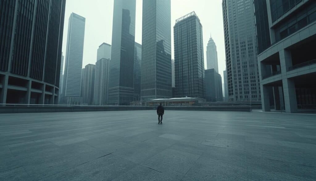 Somber cityscape with towering steel-and-glass skyscrapers, devoid of any natural elements. Flat gray pavement and concrete structures fill the frame, casting long shadows in the cool, diffused lighting of an overcast day. A lone figure stands solitary and small, disconnected from their surroundings, gazing up at the imposing urban landscape. Muted tones of charcoal, slate, and gunmetal convey a sense of isolation and detachment from the natural world. Cinematic wide-angle lens captures the vastness of the built environment, emphasizing the human's diminished presence amidst the expansive, impersonal cityscape.