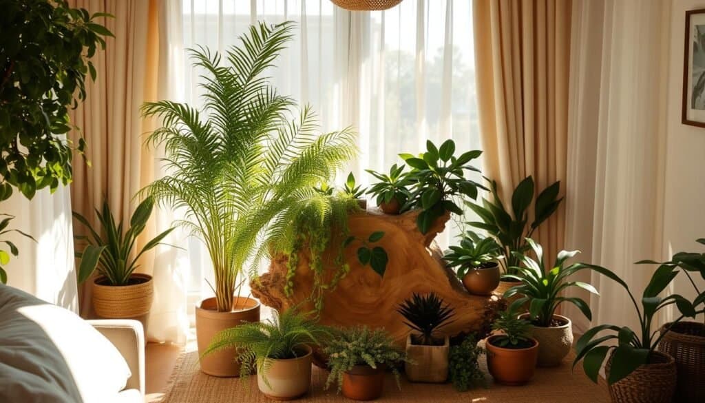 Sunlit indoor oasis, lush potted plants in a cozy, warm-toned living space. Verdant ferns, trailing vines, and leafy succulents arranged artfully around a sturdy, natural wood accent piece. Soft, diffused lighting filters through sheer curtains, casting a gentle glow. Earthy textures and organic shapes create a harmonious, grounding atmosphere. A sense of tranquility and connection to nature, despite the indoor setting. Emphasize the harmonious blend of natural and manmade elements.
