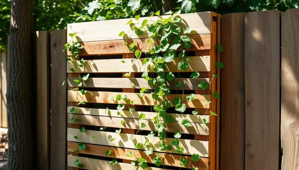 Vertical garden constructed from reclaimed wooden pallets, standing tall against a natural backdrop. Earthy tones and weathered textures create a rustic, organic aesthetic. Lush, trailing vines cascade down the angled slats, adding pops of verdant greenery. Dappled sunlight filters through the arrangement, casting gentle shadows and highlights. The pallet design showcases efficient, space-saving vertical gardening, perfect for small spaces. A practical and visually striking project to transform a bare wall or forgotten corner into a verdant oasis.