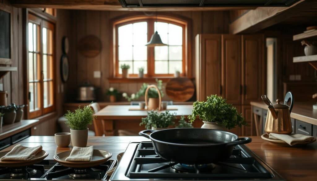 Warm, cozy kitchen interior with a rustic, inviting ambiance. Soft, diffused lighting from a large window casts a gentle glow over natural wood cabinetry, exposed beams, and a farmhouse-style dining table set with earthy ceramic plates and linen napkins. In the foreground, a cast iron skillet simmers on a gas stove, while the countertops are lined with an array of potted herbs and a vintage copper kettle. The overall scene evokes a sense of comfort, nourishment, and the heart of the home.