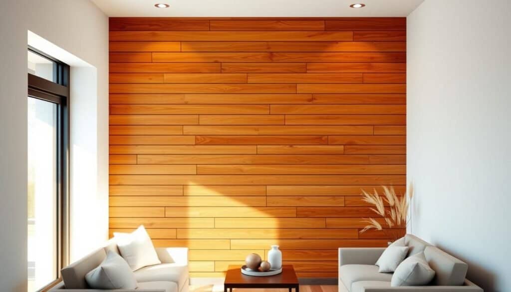 Warm-toned wooden slat wall in a cozy, inviting interior. The slats are arranged in a horizontal pattern, creating depth and visual interest. Soft, diffused lighting from a large window illuminates the space, casting gentle shadows and highlights across the wood's natural grain. The wall serves as a focal point, complemented by neutral-colored furnishings and accents that enhance the tranquil, rustic atmosphere. Realistic, high-quality textures and materials. No logos, text, or overlays.