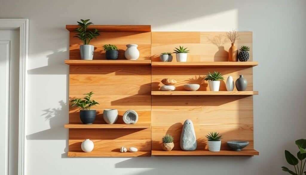 Warm-toned wooden wall shelves, artfully arranged with an array of decorative accents. Carefully curated selection of natural elements, from potted plants to stone figurines, creating a harmonious and inviting display. Soft, directional lighting casts gentle shadows, accentuating the organic textures and grain of the wood. The shelves are positioned at varying heights, adding depth and visual interest. Minimal clutter, with each item thoughtfully placed to showcase its individual beauty and contribute to the overall cohesive aesthetic. The result is a serene, yet stylish vignette that brings warmth and character to the space without overwhelming it.