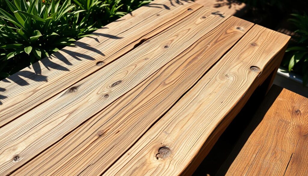 Weathered, reclaimed lumber crafted into a rustic outdoor seating arrangement. A sturdy bench with an aged, distressed finish, complemented by a pair of matching stools. Sunlight dapples the surface, casting warm, natural shadows. The seating set is nestled amongst lush greenery, blending harmoniously with its natural surroundings. Textured wood grain, knots, and imperfections lend character and charm. A peaceful, inviting scene that evokes the spirit of reclaimed materials repurposed for relaxation. Realistic, high-resolution photograph with a shallow depth of field.