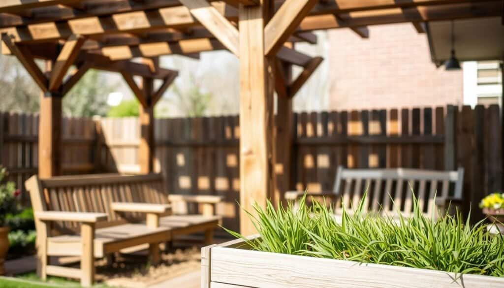 Wooden backyard structures, meticulously crafted with natural textures. A rustic pergola casts gentle shadows, its beams and crosspieces interlocking in a harmonious design. Nearby, a wooden garden bench invites relaxation, its smooth surface weathered by time. In the foreground, a simple yet elegant wooden planter box holds thriving greenery, complementing the earthy palette. The overall scene exudes a warm, inviting ambiance, perfect for enhancing the outdoor living experience.