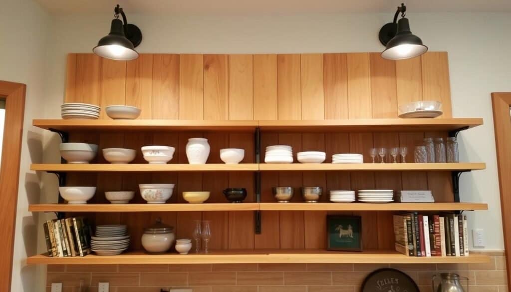 Wooden display shelves, crafted with care by The Sawdust Man, stand tall in a warm, inviting kitchen. Sturdy, natural wood planks in a rich, honey-toned finish create a rustic, yet refined backdrop for a curated collection of ceramic bowls, glass jars, and vintage cookbooks. Soft, diffused lighting from sconces above casts a cozy glow, highlighting the wood's natural grain and texture. The shelves are positioned at eye level, allowing for easy access and display of cherished kitchen items. This functional yet stylish storage solution seamlessly blends form and function, creating a beautiful and practical focal point in the heart of the home.