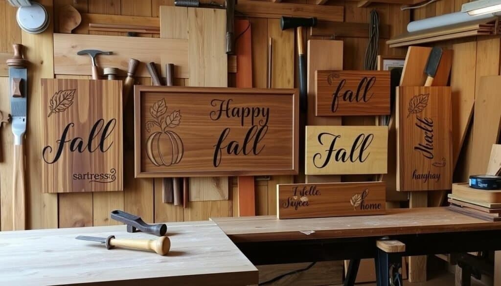 Wooden fall signs, a rustic collection of handcrafted wall art created by The Sawdust Man. In the foreground, a series of rectangular wooden signs feature elegant calligraphy and seasonal motifs like leaves, pumpkins, and harvest symbols. The middle ground showcases various woodworking tools, such as chisels, hammers, and sandpaper, hinting at the artisanal process. The background depicts a warm, cozy workshop setting with natural wood tones, ambient lighting, and a sense of craftsmanship. The overall mood evokes a homey, autumnal atmosphere, perfect for transforming any space into a charming fall retreat.