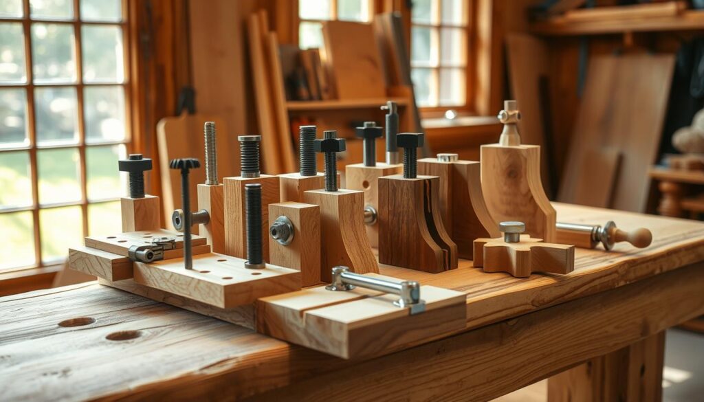 Woodworking jigs neatly arranged on a rustic wooden workbench, illuminated by warm, natural lighting streaming in from a large window. The jigs, crafted from various materials like wood, metal, and plastic, feature intricate designs and precise mechanisms, showcasing the attention to detail and functionality required for seamless woodworking projects. The scene exudes a sense of orderliness and efficiency, hinting at the effortless ease with which these specialized tools can elevate any woodworking endeavor.
