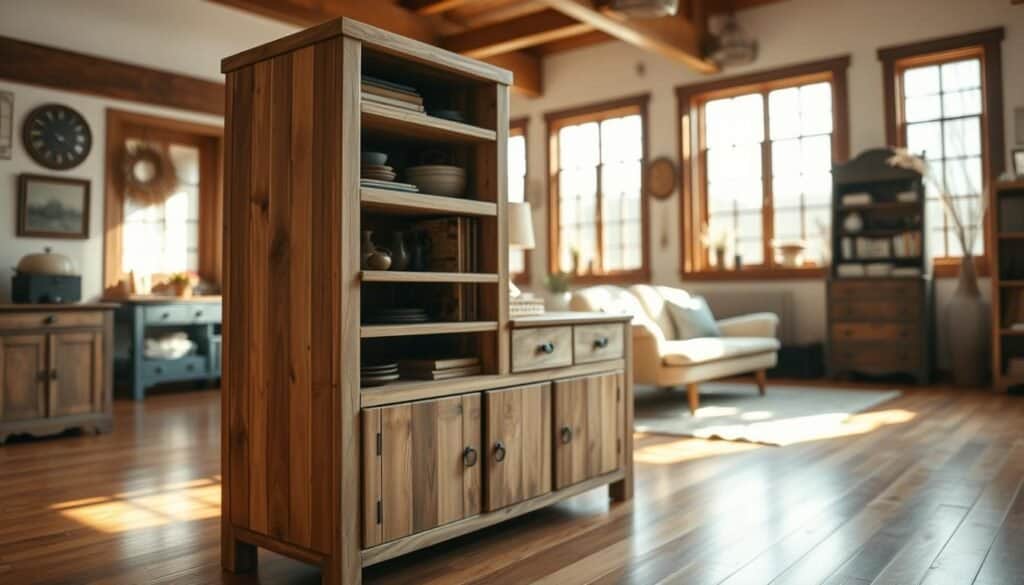 a beautifully crafted rustic storage unit made of reclaimed wood, standing in a warm, sun-dappled room with hardwood floors and natural light streaming in through large windows. the storage piece features a mix of open shelves and drawers, with a slightly worn, distressed finish that complements the relaxed, vintage-inspired ambiance. the foreground is focused on the intricate details of the woodworking, with the middle ground revealing the surrounding space - a cozy, inviting living area with a mix of vintage and natural decor elements. the background is softly blurred, creating a sense of depth and atmosphere. the overall mood is one of rustic charm, simplicity, and a connection to nature.