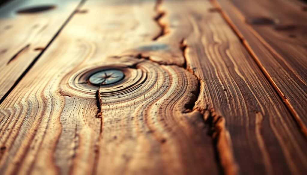 a close-up of a natural, rustic wooden background with visible wood grain textures and knots, illuminated by warm, soft lighting creating a cozy, inviting atmosphere, shot from a low angle using a wide-angle lens to capture the full depth and character of the wood surface, with a slight vignette effect to draw the eye towards the center of the frame