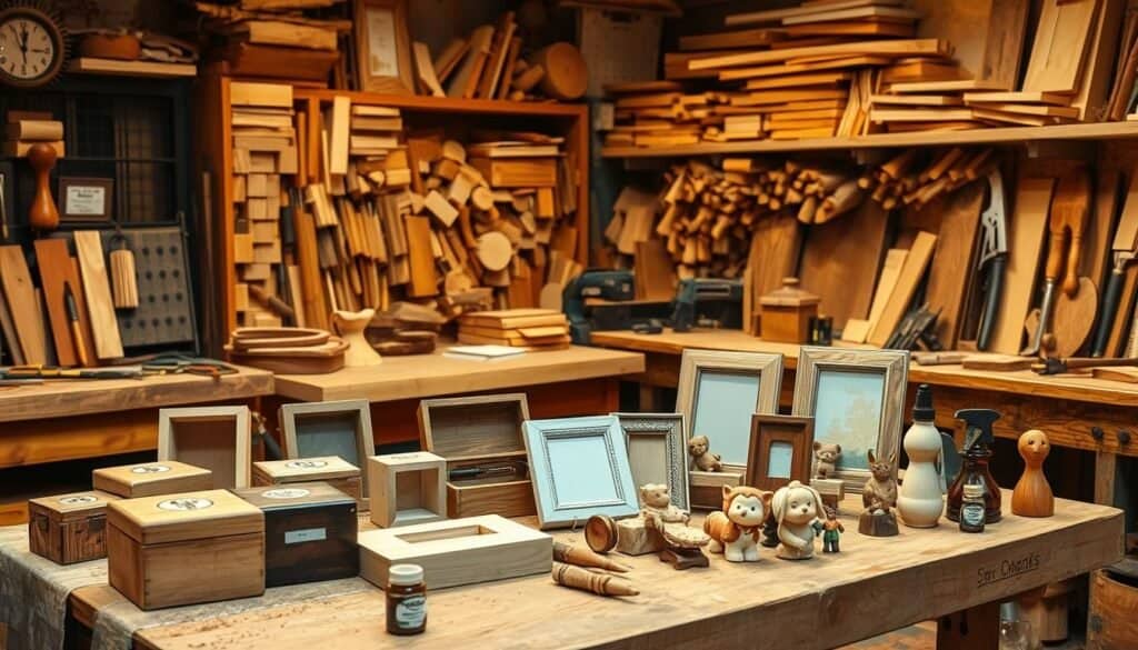 a cozy, well-lit workshop with a rustic, inviting ambiance. in the foreground, an assortment of small wood projects like decorative boxes, picture frames, and carved figurines are arranged on a sturdy wooden workbench. the mid-ground features a collection of hand tools, sandpaper, and wood stains, hinting at the craftsmanship and care that went into these pieces. in the background, shelves are lined with various wood types and project materials, creating a sense of a well-stocked, productive workspace. the lighting is warm and natural, casting a soft glow over the scene and highlighting the organic textures and warm tones of the wood. the overall atmosphere is one of creativity, skill, and the gratification of transforming raw materials into charming, functional home accents.