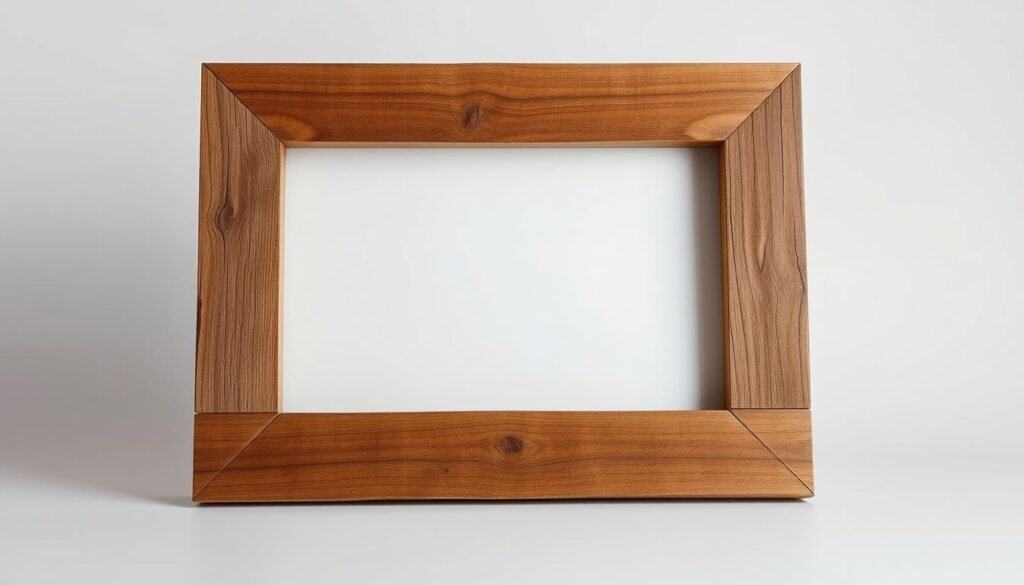 a rustic solid wood picture frame made from weathered, distressed barnwood planks. the frame has a natural, unfinished appearance with visible wood grain, knots, and imperfections. it is presented in a well-lit, clean, minimalist studio setup, capturing the textural quality and raw, earthy aesthetic of the material. the frame is positioned at a slight angle, casting soft shadows and highlighting the unique character of the wood. the overall mood is warm, organic, and inviting, conveying a sense of handcrafted charm and rustic elegance.