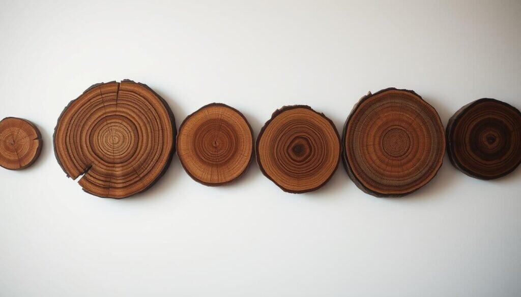a rustic wood slice wall art display, showcasing a set of naturally textured, irregular-shaped wooden discs artfully arranged on a plain white wall. The slices, ranging from medium to large in size, feature a mix of warm brown tones, organic grains, and subtle knots, creating a captivating, naturalistic composition. Soft, directional lighting casts gentle shadows, accentuating the wood's tactile surfaces and lending an inviting, serene atmosphere. The wall arrangement is balanced and visually pleasing, with the wooden elements complementing the clean, minimalist background. This rustic wall art piece exudes a sense of authentic, handcrafted charm, bringing the beauty of nature into the modern home décor.