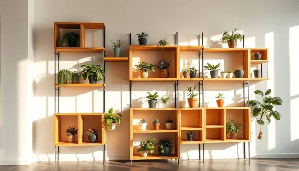 natural wood shelving units with multiple tiers and open spaces, positioned against a plain white wall, casting gentle shadows, illuminated by soft, warm lighting from above, showcasing various potted plants and greenery of different sizes and shapes, creating a harmonious, nature-inspired display, with a focus on the clean, organic lines and natural grains of the wood, conveying a sense of tranquility and balance