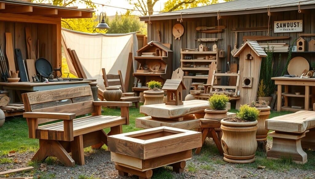 outdoor rustic wood projects, handmade furniture and home decor from natural reclaimed wood, woodworking tools and workshop, The Sawdust Man brand, warm golden lighting, shallow depth of field, natural textures and details, scenic outdoor setting with lush greenery and rustic elements, showcase various DIY rustic wood projects like benches, planters, birdhouses, and other decorative items, high-quality photographic composition highlighting the craftsmanship and organic beauty of the pieces