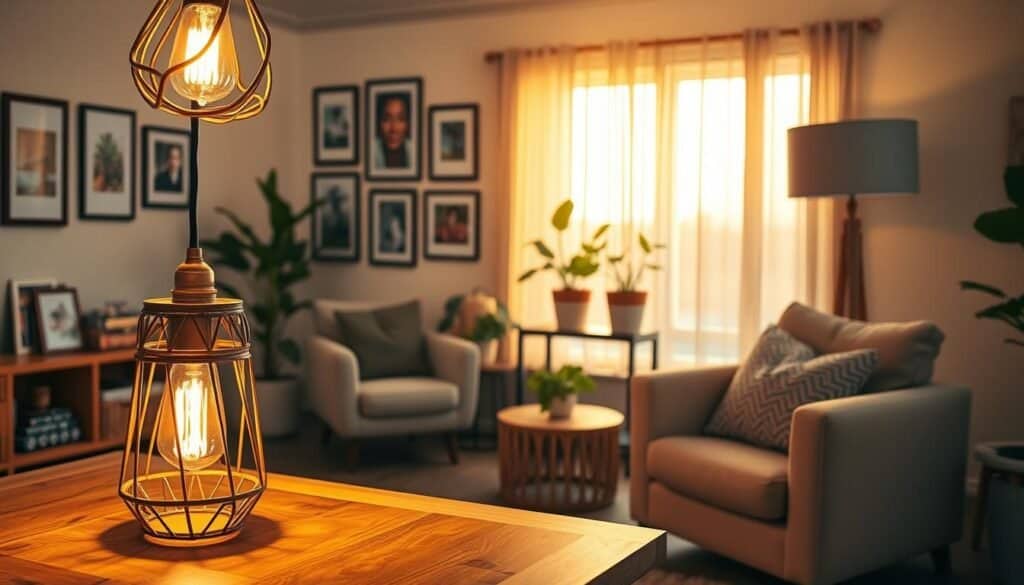 A beautifully arranged DIY lighting setup in a cozy living room. In the foreground, a handmade wooden table features a unique pendant light made from recycled materials, casting warm, inviting light. A modern floor lamp with a soft fabric shade stands beside a plush armchair, adding to the relaxing ambiance. In the middle, a gallery wall showcases framed art and fresh potted plants, enhancing the space with color and life. The background shows a softly lit window with sheer curtains letting in natural light at golden hour, creating a peaceful atmosphere. The room is designed with neutral tones accented by earthy elements, exuding a calm, uplifting mood. Use a slightly elevated angle to capture the entire scene in vibrant, warm lighting, emphasizing the DIY aspect without any text or branding.