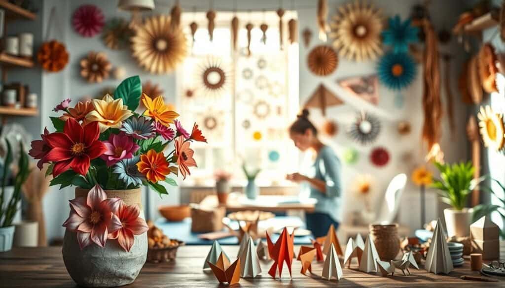 A beautifully arranged DIY workspace showcasing a variety of paper craft projects. In the foreground, colorful paper flowers in vibrant hues are displayed in a rustic vase, alongside intricately folded origami figures. The middle ground features an artisan at work, meticulously crafting paper decorations, dressed in casual, stylish attire, focused on her task. In the background, a softly lit room adorned with various DIY paper art pieces on the walls, including hanging paper garlands and creative wall hangings. The warm, inviting atmosphere is enhanced by natural light streaming through a nearby window, casting gentle shadows and highlighting the textures of the paper. The overall mood is creative and inspiring, inviting viewers to explore the world of DIY decor.