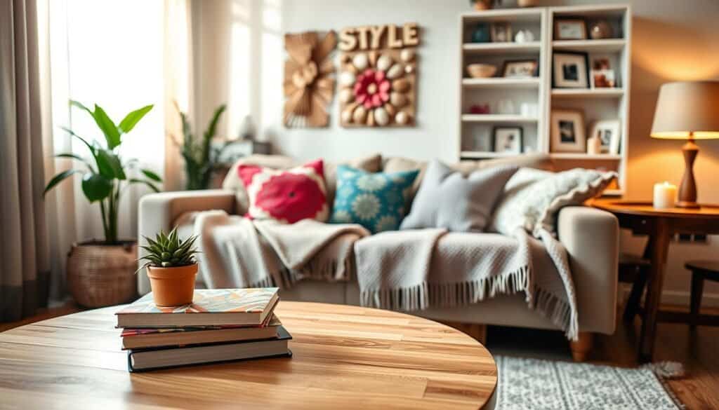 A beautifully arranged cozy living room featuring budget-friendly decor. In the foreground, a natural wooden coffee table is adorned with a small potted plant and a stack of colorful books. The middle ground showcases a comfortable sofa with vibrant throw pillows and a textured blanket, inviting relaxation. On the wall behind, simple wall art created from inexpensive materials adds personality and charm. Soft, warm lighting enhances the atmosphere, with sunlight streaming through sheer curtains, creating a serene and inviting mood. In the background, a well-organized bookshelf displays neatly arranged decor items like candles and frames. The scene reflects an accessible and stylish home environment, embodying creativity and warmth without being extravagant.