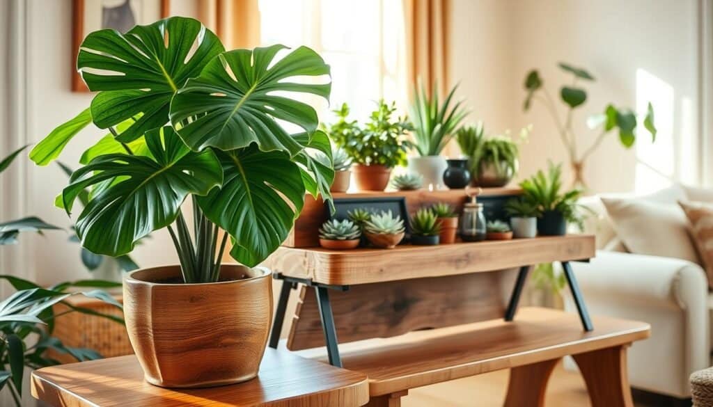 A beautifully arranged display combining lush green plants and natural wood elements, set in a cozy, sunlit living room. In the foreground, a vibrant monstera plant with large, textured leaves sits in a rustic, wooden planter on a polished oak side table. The middle features a variety of smaller plants like succulents and ferns, artfully arranged on a reclaimed wood shelf that showcases their unique textures. The background reveals a warm, inviting room with soft, neutral-colored walls and natural light streaming through a window, creating an atmosphere of tranquility. Use soft, diffused lighting to enhance the organic feel, with a slightly shallow depth of field to keep the focus on the plant-and-wood arrangement, evoking a sense of calm and peacefulness.