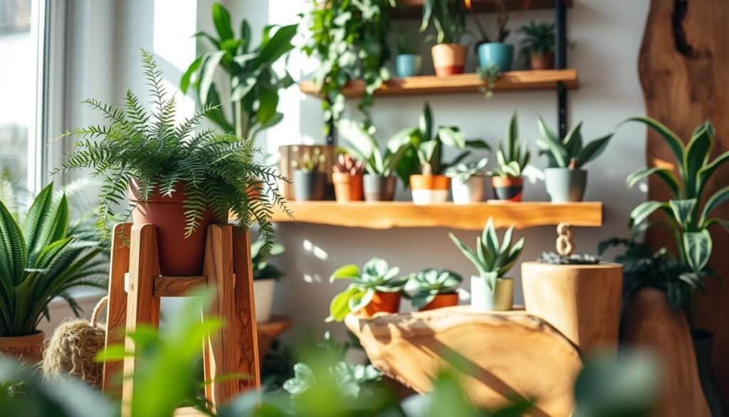 A beautifully arranged indoor scene showcasing a diverse collection of houseplants, including ferns, succulents, and snake plants, displayed on warm, natural wood accents. In the foreground, a sturdy wooden plant stand with intricate grain patterns supports a potted fern, while in the middle, a rustic wooden shelf holds an assortment of colorful pots with various plants. The background features soft, natural light streaming through a nearby window, casting gentle shadows on the plants and wood surfaces, creating a cozy and inviting atmosphere. The image captures a harmonious blend of nature and craftsmanship, emphasizing the warmth and tranquility that wood accents can bring to an indoor space. Use a shallow depth of field for a soft focus effect on the background, highlighting the beauty of the plants and wood elements.