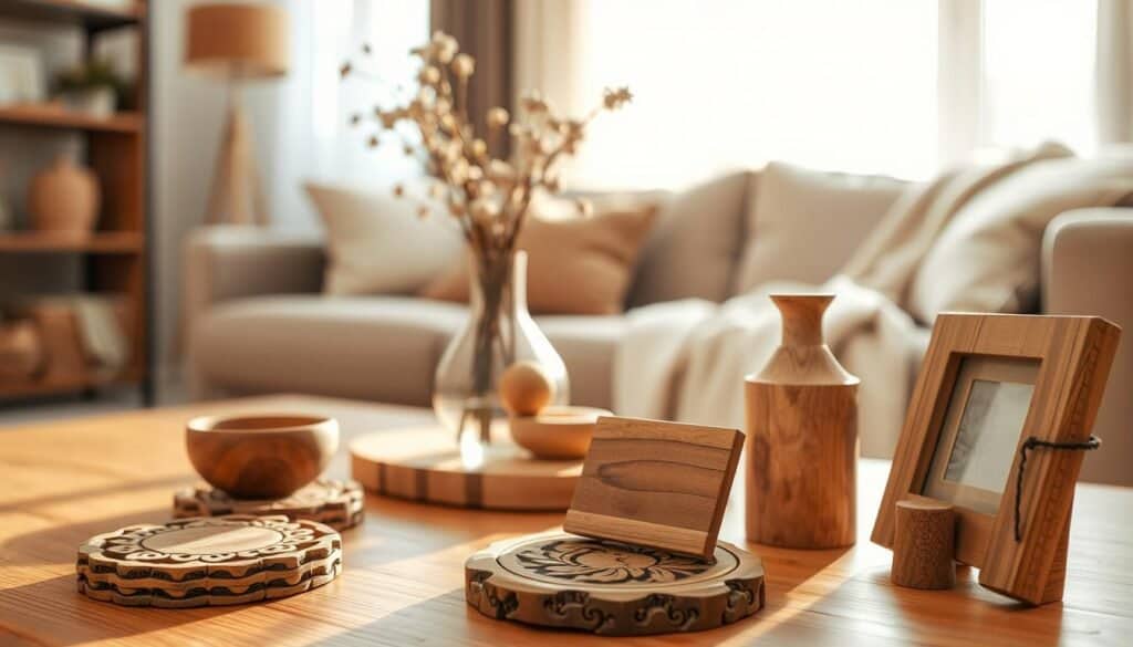 A beautifully arranged living room featuring a selection of small wooden accents that add warmth and charm. In the foreground, there are intricately carved wooden coasters, a small decorative wooden bowl, and a rustic wooden picture frame. The middle ground showcases a coffee table with a unique wooden vase filled with dried flowers and a natural wood lamp casting a soft glow. In the background, a cozy sofa draped with a light fabric complements the wooden elements. The scene is bathed in warm, natural light, creating an inviting and serene atmosphere. Capture this from a cozy angle that emphasizes the interplay of textures and materials, focusing on the beauty of wood in home décor.