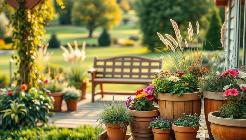 A beautifully arranged outdoor garden scene featuring a variety of potted plants and warm wood elements. In the foreground, showcase terracotta and wooden pots, overflowing with vibrant flowers and lush greenery, set on a rustic wooden deck. The middle ground features a wooden bench complimenting the pots, creating an inviting outdoor seating area surrounded by cascading vines and ornamental grasses. In the background, depict a softly blurred landscape of well-tended lawns and scattering trees, bathed in warm, golden sunlight. Use a shallow depth of field to focus on the textures of the wood and the colorful foliage, evoking a cozy and harmonious atmosphere, perfect for relaxing in nature. Ensure it illustrates the perfect balance between wood and plant life in landscaping.
