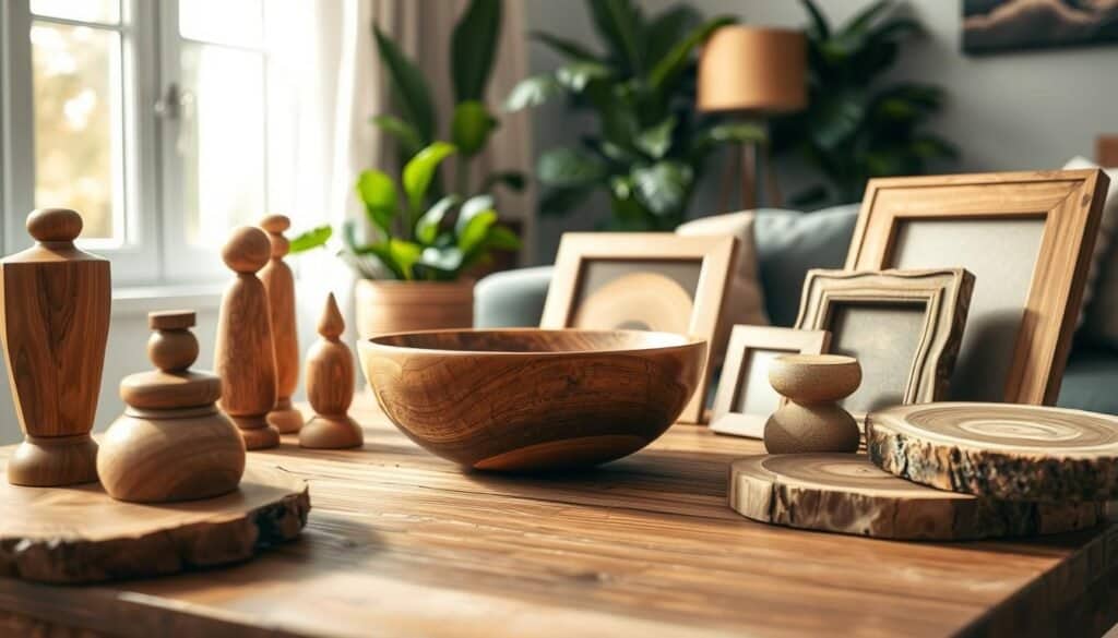 A beautifully arranged scene featuring an assortment of wooden home decor items, including a handcrafted wooden bowl, carved figurines, and rustic picture frames, prominently displayed on a textured wooden table. In the foreground, soft natural light filters through a nearby window, casting gentle shadows and highlights that enhance the rich grains and warm tones of the wood. The middle ground includes a cozy, well-lit living space with greenery in the background, such as potted plants and textured textiles, creating an inviting atmosphere. The composition should convey a sense of warmth and tranquility, ideal for anyone desiring to update their space with wooden accents for a cozier vibe. The image should be realistic and detailed, focusing solely on the decor elements without any distractions.