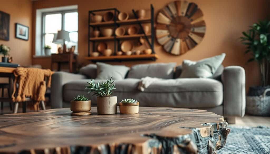 A beautifully arranged scene showcasing handmade wood decor in a cozy living space. In the foreground, highlight a rustic wooden coffee table with intricate carvings, adorned with a few small potted plants and a warm, knitted throw. In the middle, feature a handcrafted wooden shelf displaying various hand-turned wooden bowls and a unique wall art piece made from reclaimed wood. The background reveals a softly lit room with a welcoming atmosphere, showcasing warm-toned walls and natural light streaming through a large window, casting gentle shadows. Use a soft focus and a warm color palette to convey a sense of comfort and personal touch, evoking a homely and inviting vibe.