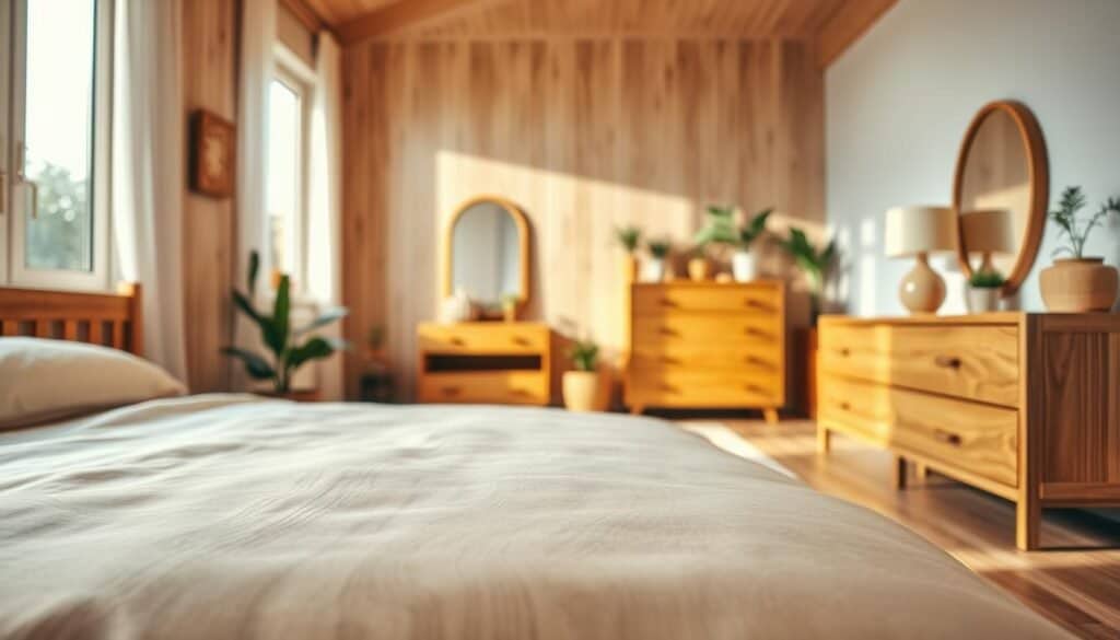 A beautifully arranged wooden bedroom featuring a variety of wooden furniture pieces that add warmth and comfort, such as a classic wooden bed frame with a gently padded headboard, a warm-toned dresser with elegant grain patterns, and a sleek bedside table adorned with a soft lamp. The foreground showcases subtle textures of the wood, emphasizing the craftsmanship. In the middle ground, soft natural light filters through a large window, creating a serene atmosphere, while the background features a cozy rug and potted plants that enhance the inviting feel of the space. The scene captures a sense of tranquility and harmony, inviting viewers to imagine relaxing in this beautifully designed room. The photography should mimic a warm golden hour light, shot with a 50mm lens for a natural depth of field.