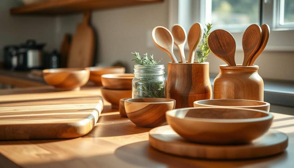 A beautifully arranged wooden kitchen countertop showcasing a variety of accessories. In the foreground, there are a hand-crafted wooden cutting board, a set of rustic wooden bowls, and a stylish wooden utensil holder filled with wooden spoons and spatulas. The middle ground features a warm-toned, polished wooden canister set, with one jar slightly open, revealing aromatic herbs. In the background, soft morning light filters through a window, casting gentle shadows and illuminating the wood's natural grain and texture. The atmosphere is inviting and calming, perfect for a serene morning routine. Capture the image in a close-up, focusing on the details of the woodwork, with a depth of field that softly blurs the background to emphasize the accessories.